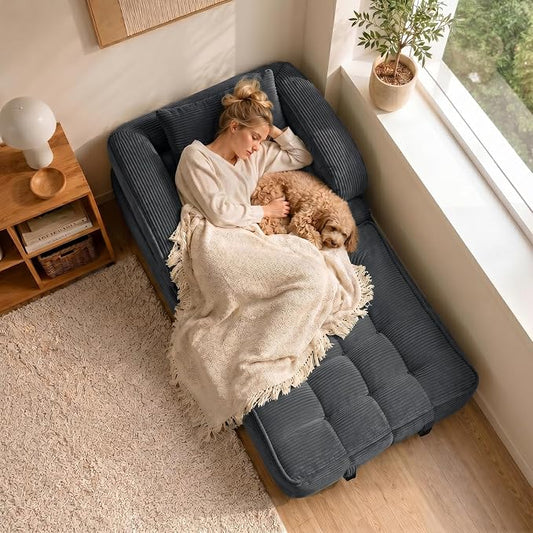 Folding Sofa Bed, Convertible Sleeper Chair with Armrests for Adults, Foldable Corduroy Boneless Bed, 3-in-1 Portable Futon Couch Floor Sofa with Pillow for Bedroom, Living Room, Dark Gray