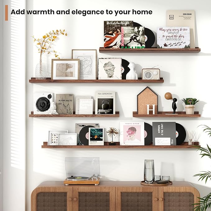 Fun Memories Picture Ledge Shelves Set of 2, 55 Inch Rustic Wall Mounted Floating Shelves with Lip for Home Storage and Décor in Bathroom, Kitchen, Nursery, Bedroom, Living Room, Walnut