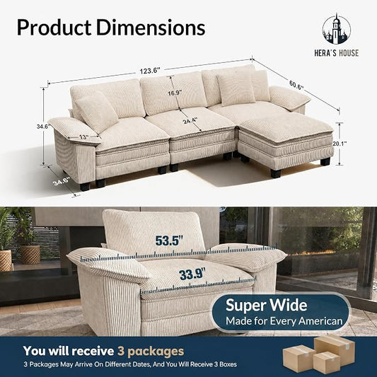 HERA'S HOUSE 124" Modular Sectional Sofa, Oversized L Shaped Couches for Living Room, Comfy Cloud Couch with Ottoman, 4-Seater Deep Seat Sofa with Throw Pillow, Corduroy Beige