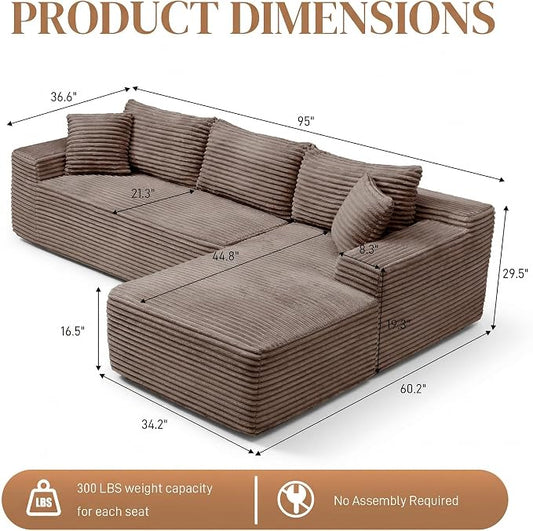 95" L Shaped Cloud Boneless Sectional Couches for Living Room, Modern Comfy Modular Deep Seat Memory Foam Compressed Corduroy Sofa Oversized Right Facing Chaise, No Assembly Required, Brown