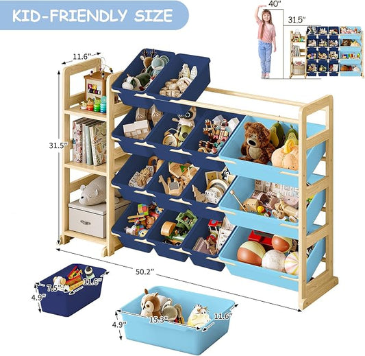 EXPERLAM Toy Storage Organizer, Toy Storage Shelf with 3 Shelves and 16 Storage Bins (12 Small + 4 Large), 3-in-1 Kids Bookshelf for Kids Rooms, Playroom, Nursery, Blue