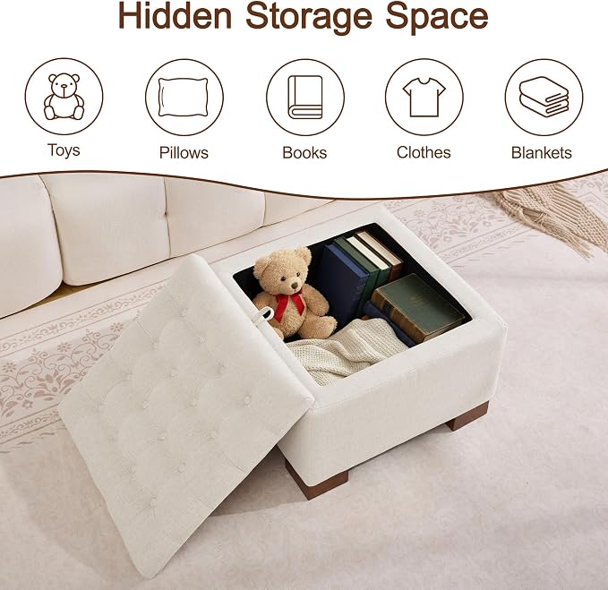 WUTUTUEE 24" Square Fabric Storage Ottoman with Wooden Tray Top, Modern Tufted Button Upholstered Footstool Coffee Table, Multifunctional Small Storage Ottoman for Living Room Bedroom, Beige