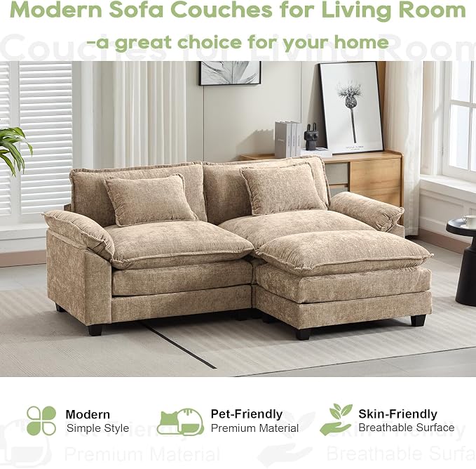Oprisen 86" Modular Sectional Sofa, Comfy Cloud Couch Sectional Sofa with Ottoman, Chenille Sofa Sleeper Deep Seat Sofa with Throw Pillows for Living Room (Khaki, 86"- L Shape)