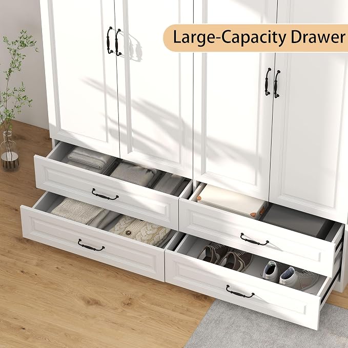 Armoire Wardrobe Closet with Drawers: Bedroom Armoires with Hanging Rod, Wooden Closet Cabinet for Hanging Clothes, Tall Wardrobes Closets with Doors and Shelves (White, 63")