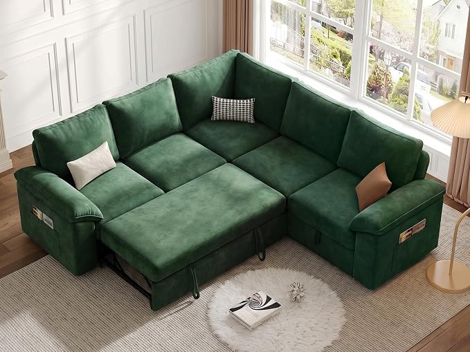 85 Inch Modular Sectional Sofa with Pull Out Bed, L Shaped 5 Seat Sectional Sleeper Sofa with Storage, Sectional Couches for Living Room, Cloud Modular Couch,Removable Sofa Cover,Green