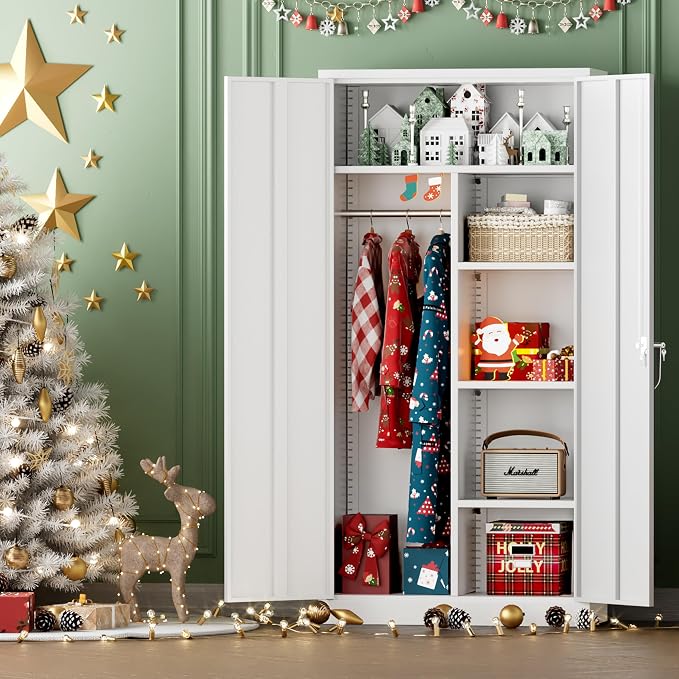 INTERGREAT Metal Wardrobe Closet, 72" Locking Storage Wardrobe Cabinet with Doors and Shelves, 18" D x 36" W Steel Clothes Storage Cabinets for Office, Home, School, Gym(White)