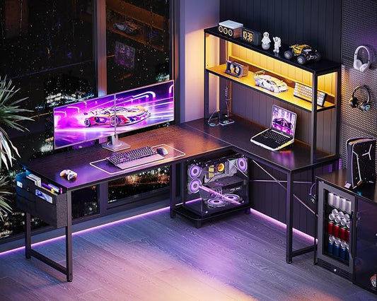 ODK 61 Inch L Shaped Desk with LED Lighting, Reversible Gaming Desk with Power Outlets, Cornor Computer Table with Storage Shelves & Bag & Iron Hook, Home Office Table for Writing, Study, Black