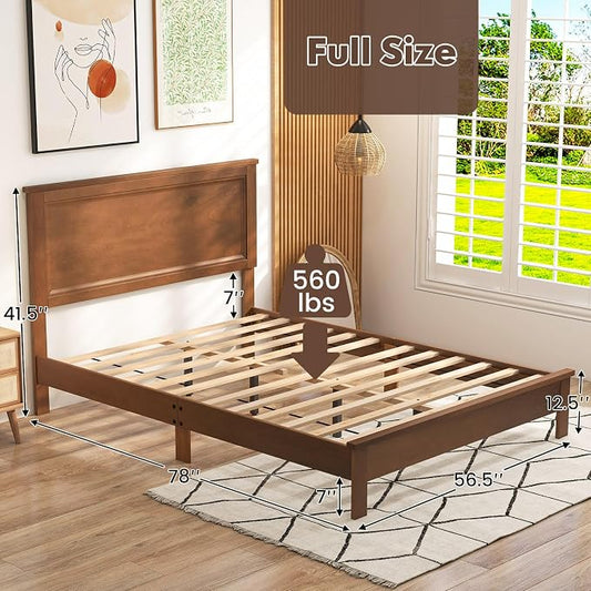Giantex Wood Full Platform Bed Frame with Headboard, Mid Century Bed Frame with Solid Wood Legs & Wooden Slat Support, Pallet Bed Mattress Foundation, No Box Spring Needed