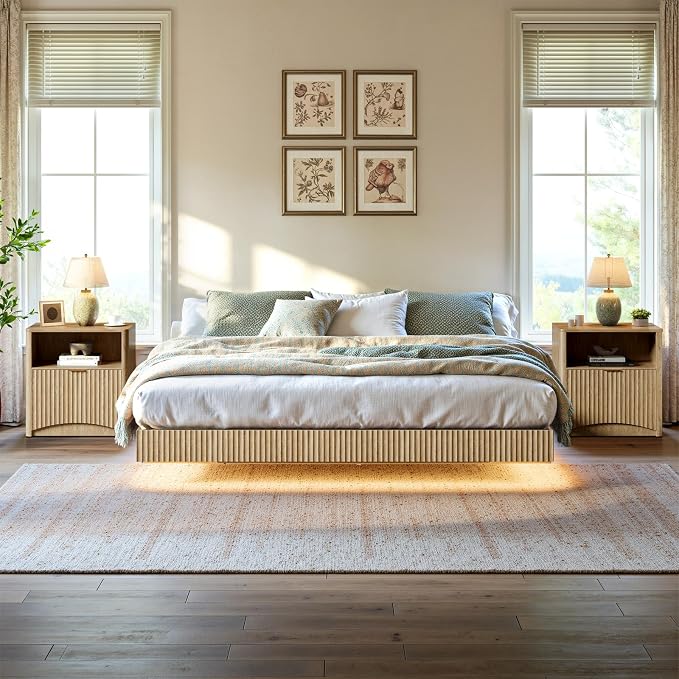 Evermagin Bedroom Furniture Set-Bed with 2 Nightstands, Mid Century Modern Bedroom Set, Floating Bed Frame Led Lights, Fluted Floating Room Furnitures, 3-Piece Room Set (Nbh, King)