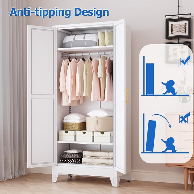 GAIOUS Metal Wardrobe Cabinet with Mirror and Hanging Rod, 71" White | Clothing Storage Cabinets with 2 Doors and Adjustable Shelves, Armoire Wardrobe Closet for Bedroom, Laundry Room, Cloak Room