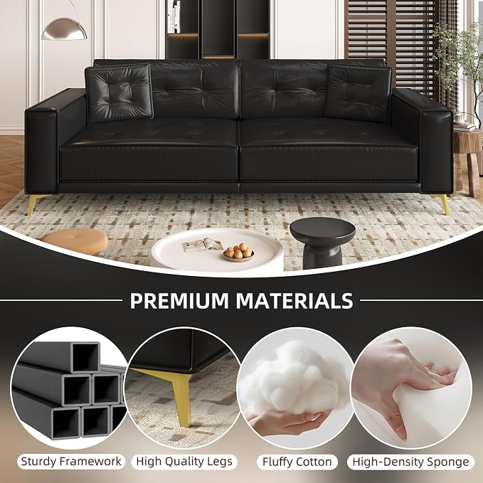 92.1'' Pull Out Sofa Bed King, Faux Leather Futon Couch, 3-in-1 Convertible Sleeper Sofa with Tufted Back, 2 Pillows, Gold Furniture Legs, Deep Loveseat for Living Room, Apartment, Black