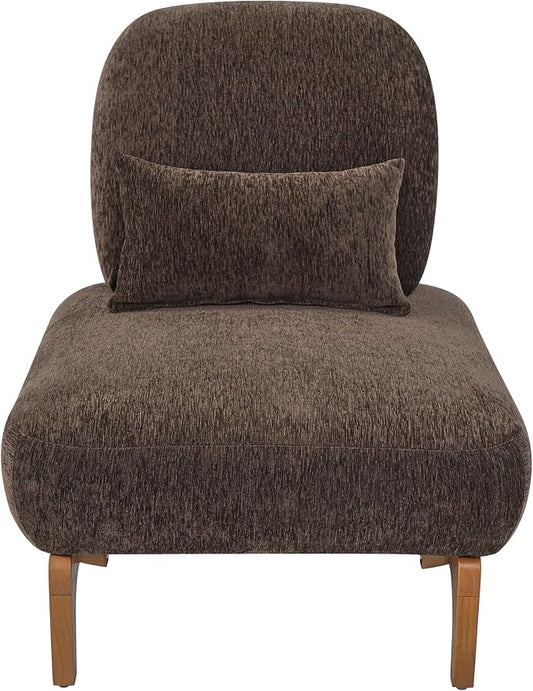 Merax Linen Accent Chair with Curved Wood Base and Lumbar Pillow, Dark Brown + Natural