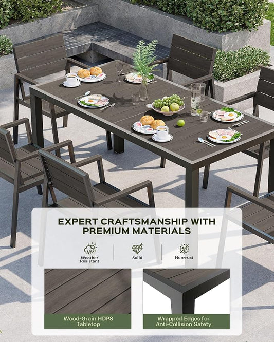 Vexwalx 67" HDPS Outdoor Patio Dining Table, Aluminum-Edged Outdoor Dining Table with Umbrella Hole, Weather-Resistant for Lawn, Garden, Poolside and Indoor Use, Charcoal