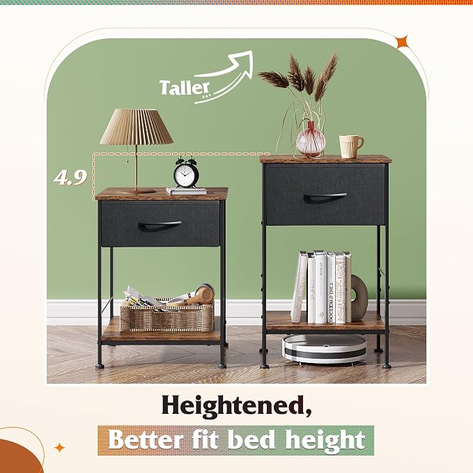 WLIVE Small Black Nightstand Set of 2 with Drawer, Fabric Bedside Table | Night Stands Set of 2 with Wood Open Shelf, End Table with Steel Frame, Side Table for Bedroom, Dorm, Easy Assembly