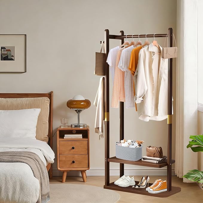 Wooden Coat Rack Freestanding, Hall Tree Hanger With Resin Hooks, Adjustable Heavy Duty Coat Rack for Hanging Clothes Bags Hats in Living Room Bedroom (coat rack, Walnut-23.6x11.4x64.1 in)