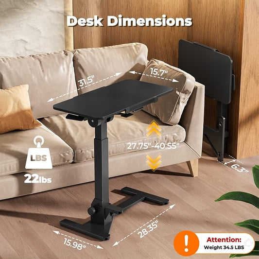 JOY worker Foldable Overbed Bedside Table, 180Β° Tiltable Mobile Standing Desk with Wheels, 31.5" Pneumatic Height Adjustable Rolling Laptop Desk for Home & Hospital Use, Easy Storage, Black