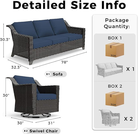 3 Pieces Patio Conversation Furniture Set - 1 Sofa, 2 Swivel Chairs, Outdoor Wicker Furniture with Removable Cushions for Porch, Balcony, Sunroom (Blue)