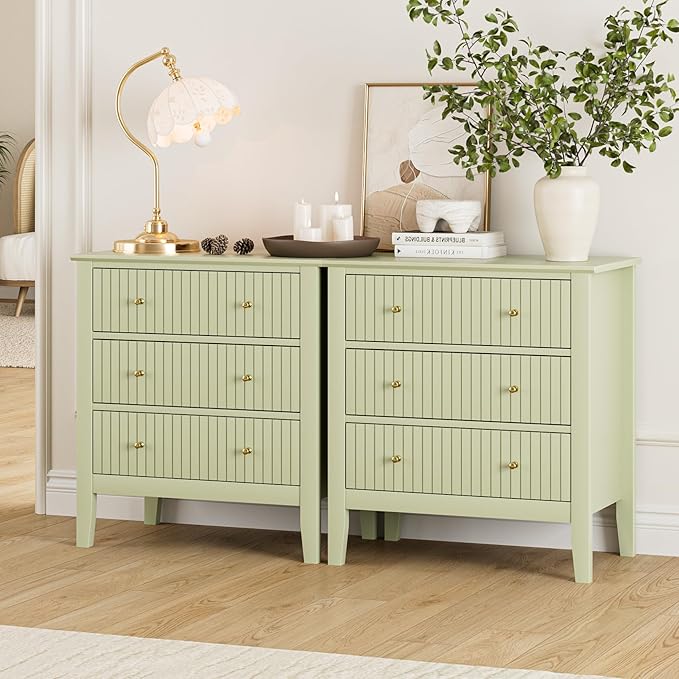 Night Stand, Fluted 3 Drawer Wide Farmhouse Nightstand with Gold Handle, Modern Wooden Bedside End Table for Bedroom, Living Room, Pale Green