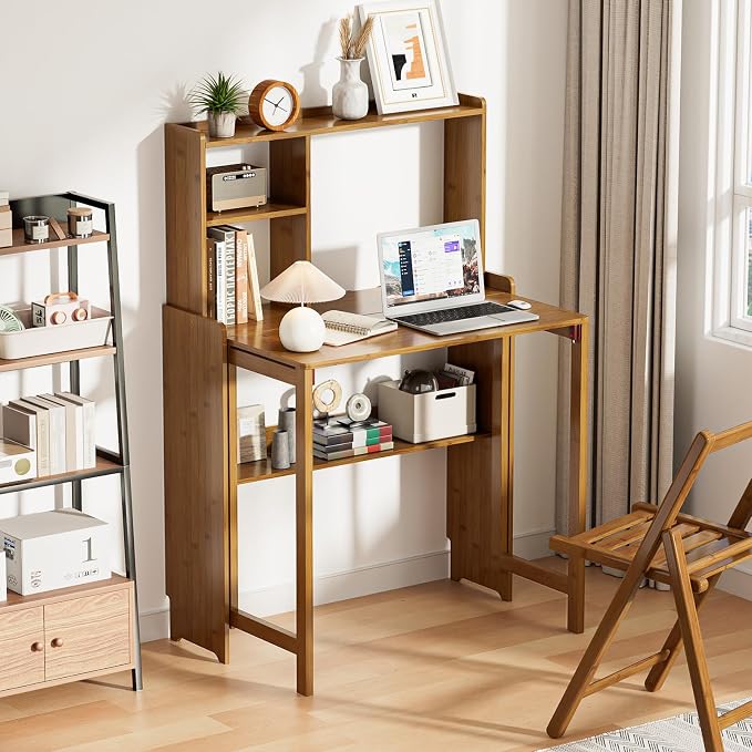 Bamboo Folding Desk with Bookshelf, Compact Computer Desk with Hutch for Small Spaces, Foldable Desk with Storage Shelf, Space-Saving Home Office Desk for Bedroom, Dorm, Apartment,Brown