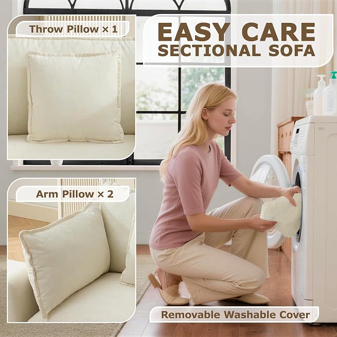 Modular Sectional Sofa Cloud Couch, Deep Seat Washable Chenille Fabric Sofa with Throw Pillows, Singel Seat Modern Couches for Living Room Bedroom Apartment, Beige