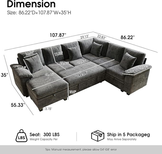 107.8" Modular Sectional Sleeper Sofa with Pull Out Bed, U Shaped 7 Seat Couch with 221L Storage, Convertible Cloud Couch Bed with Ottoman, Sectional Couches for Living Room, Apartment (Gray)
