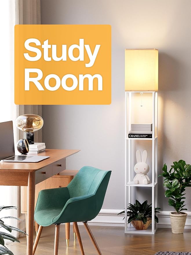 Floor Lamp with Shelves for Living Room White, Shelf Floor Lamp with 3 CCT LED Bulb, Corner Display Standing Column Lamp Etagere Organizer Tower Nightstand with White Linen Shade for Bedroom, Office