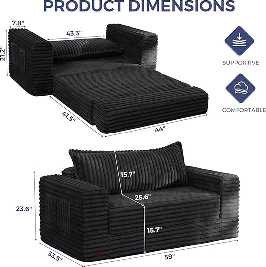 MAXYOYO Convertible Sofa Bed, 2 in 1 Folding Couch Bed for Small Space, Pull Out Loveseat Sofa Couch with Large Back Pillow, Plush Faux Fabric Lounge Couch for Living Room, Apartment, Black