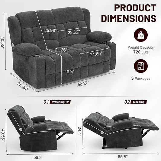 Loveseat Recliner Sofa, 2 Seater Minimalist Style Fabric Manual Pull Tab Reclining Loveseat with USB Charge Ports, Cup Holders, Recliner Love Seat Couches for Living Room, RV, Gray