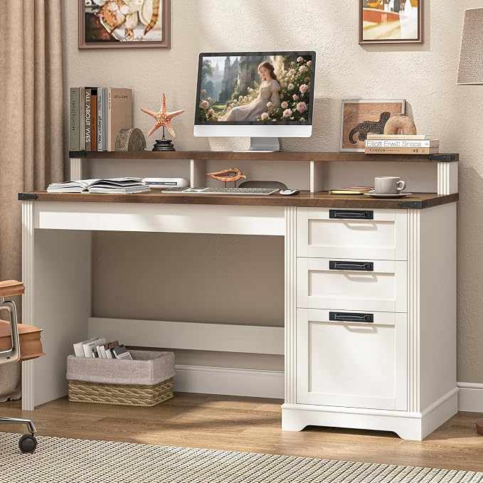 Vabches 55" Farmhouse Executive Desk with 3 Drawers, Wooden Computer Desk Home Office Desk with File Drawer (Fits A4 Size) for Work and Study, White Brown