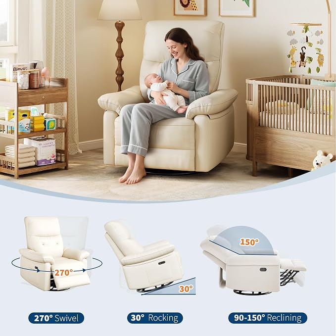 Power Recliner Chair, 270° Swivel Rocking Glider with USB Charging Port, PU Leather Upholstered Fabric and Button Tufted Backrest, Ergonomic Nursery Chair for Living Room (Beige)