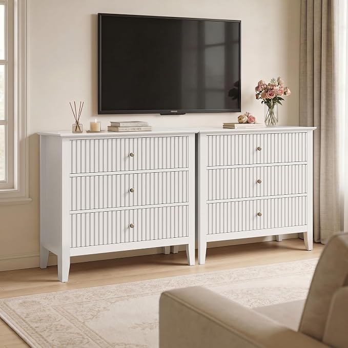 RoyalCraft White Fluted 3 Drawer Dresser, 32 inch Wide Dresser Nightstand for Bedroom, Modern Wood Chest of Drawers, Large Painted Nightstand with 3 Drawers for Closet, Hallway, Entryway