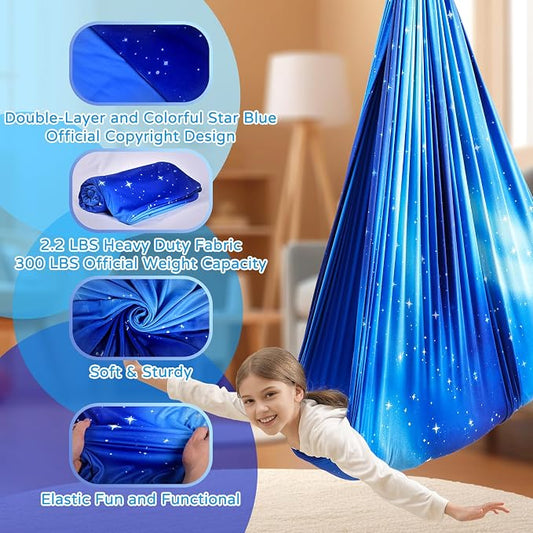Sensory Swing for Kids and Adults Indoor & Outdoor Double Layer Therapy Cuddle Holds up to 300lbs Adjustable Swing Hammock Chair with 360° Swivel Hanger Kit Effect for Aspergers Autism ADHD(Star Blue)