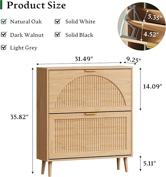 Xixini Shoe Storage Cabinet with 2 Flip Drawers, 36" Tall Narrow Wood Fluted Shoe Organizer for Entryway, Freestanding Wooden Hidden Slim Shoe Rack for Front Door Entrance, Hallway, Foyer, Natural Oak