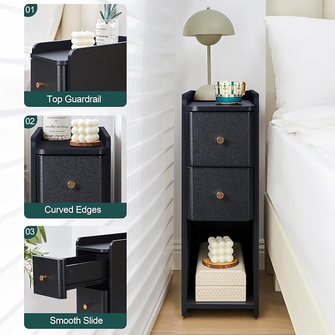 Narrow Nightstand Set of 2, Wooden Small 2 Drawer Nightstand, Slim Side End Table, Skinny Bedside Table, Mid Century Modern Night Stand with Drawers for Bedroom (Black-2 pcs)