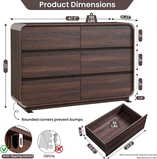 Standifurno Walnut 6 Drawer Dresser, Curved Chest of Drawers for Bedroom, 47 Inch Wide Dresser with Deep Drawers for Clothes, Modern Drawer Closet for Bedroom, Living Rooms, Offices, Entryways