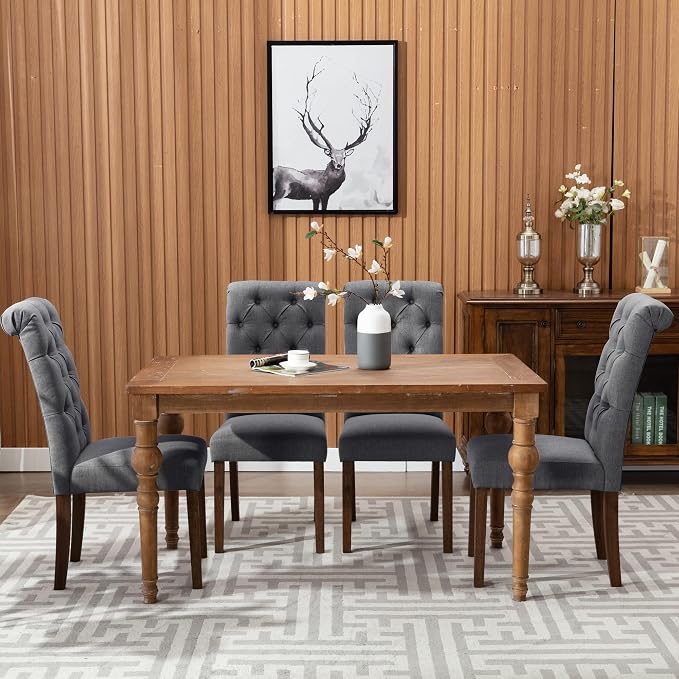 COLAMY Button Tufted Dining Chairs Set of 4, Parsons Upholstered Fabric Dining Room Chairs Kitchen Chairs with Wood Legs and Padded Seat, Dark Grey