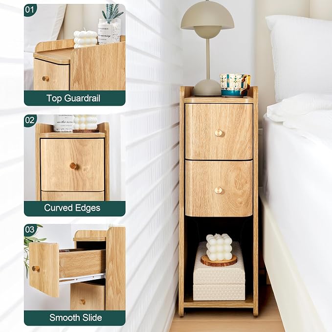 Small Nightstand Set of 2, Wood 2 Drawer Narrow Nightstand, Slim Side Table, Modern Skinny End Bedside Table, Natural Wood Night Stand with Drawers for Bedroom (Natural-2 pcs)