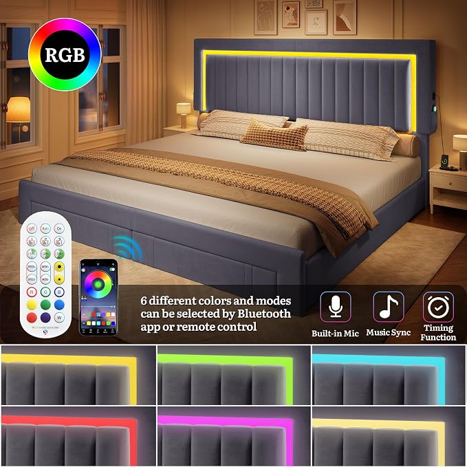 DWVO King Size Bed Frame with Adjustable Headboard, 4 Storage Drawers and RGB LED Lights, Velvet Upholstered Platform Bed with USB Ports, No Box Spring Needed, Fast Assembly, Noise-Free, Dark Grey