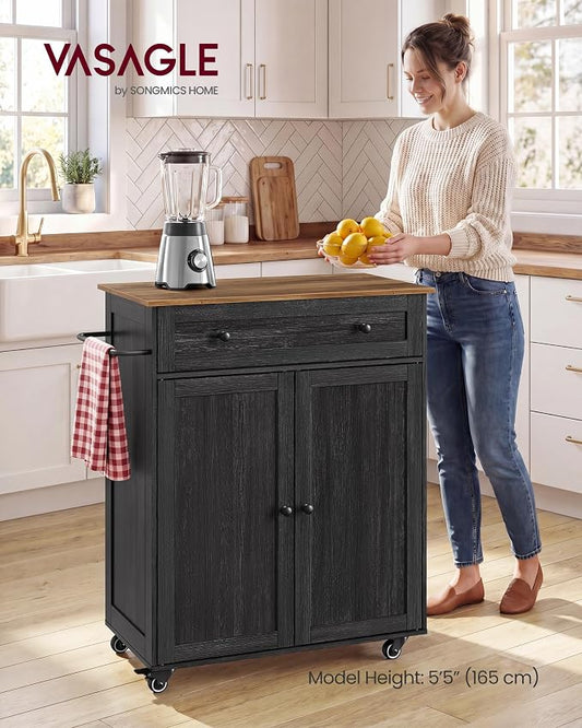 VASAGLE Mobile Kitchen Island, Portable Island on Wheels, Mobile Cart with Storage Cabinet for Dinning Room, 15.8 x 30.9 x 35.1 Inches, Ink Black and Honey Brown UKKI009BA01S