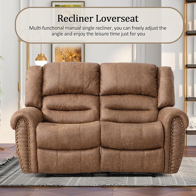 CANMOV Manual Reclining Sofa Set,Faux Leather Manual Recliner Loveseat and Recliner Chair with Overstuffed Armrest for Living Room,Bedroom Furniture,Office,Nut Brown