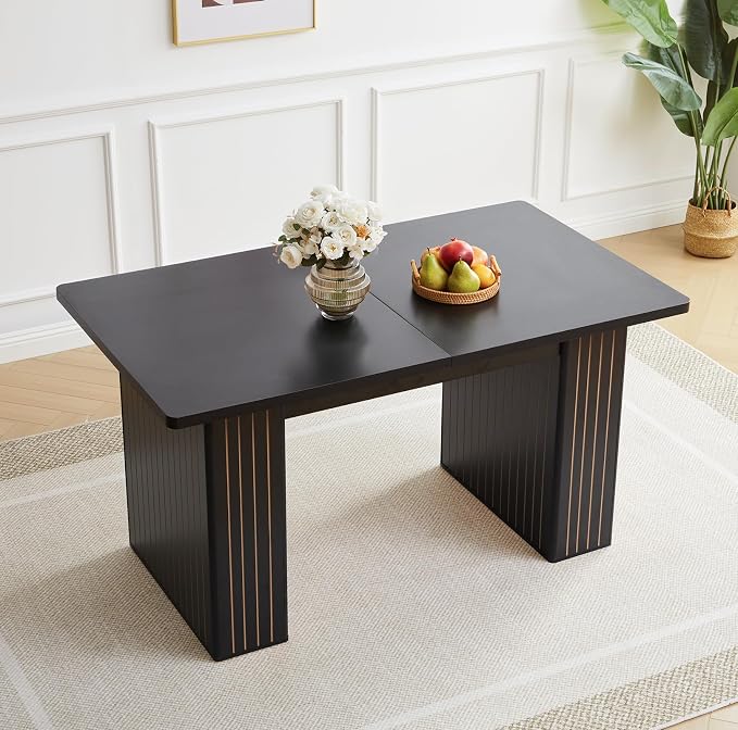 55 in–71 in Extendable Rectangular Dining Table for 4–6, Modern Farmhouse Expandable Kitchen Table with Carved Line Base, Wooden Dinner Table for Kitchen Living Room Home Office (Black)