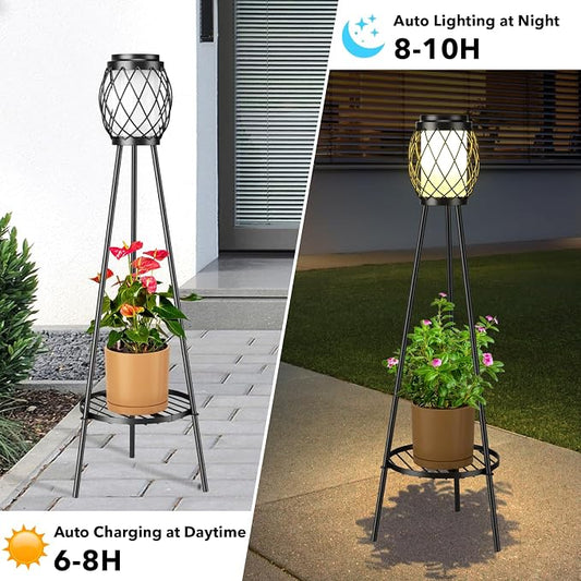MXwcy 2-in-1 Solar Lights Outdoor with Plant Stand, Waterproof Vintage Solar Floor Lamp & Metal Planter Holder, Tall Geometric Lantern Tripod for Patio, Garden, Yard, Porch Decor (2 Pack)