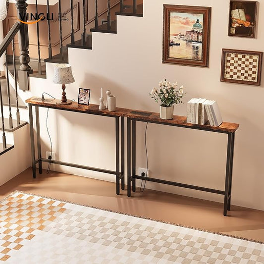 VINGLI 79" Console Table with Power Outlet, 5.9" Narrow Sofa Table Set of 2, Entryway Table with Charging Station & 4.9 Ft Extension Cord & Adjustable Feet, for Living Room, Hallway, Rustic Brown