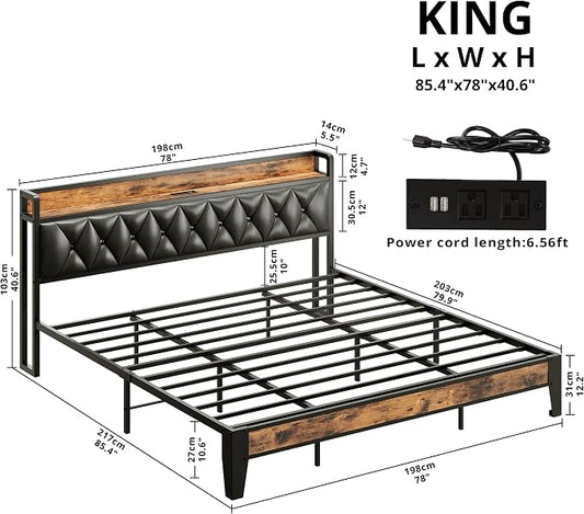 ANCTOR King Bed Frame, Storage Headboard with Outlets, Easy to Install, Sturdy and Stable, No Noise, No Box Springs Needed, Rustic Brown and Black