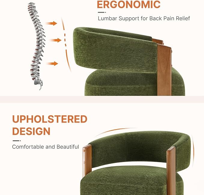 KISLOT Upholstered Dining Chair Set of 1, Barrel Modern Dining Room Chair with Casters, Kitchen Side Wooden Armchair with Fabric Cushion Seat for Bedroom, Livingroom, Reading Room, Green, 1 Box