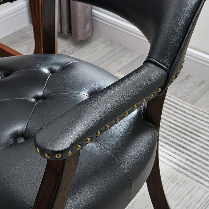 LEEMTORIG Set of 2 Dining Chairs with Casters and Arms, Large Rolling Dining Chairs with Wheels, Poker Table Chairs, Solid Wood Boss Caption's Chairs Office Chairs, Espresso Legs & Black, SY-318-BK