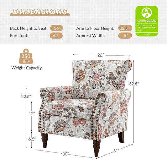 HULALA HOME Modern Wingback Accent Chair with Wood Legs & Removable Cushion, Comfy Upholstered Armchair with Nailhead Trim, Floral Pattern Single Sofa Chair for Living Room Bedroom, Pink