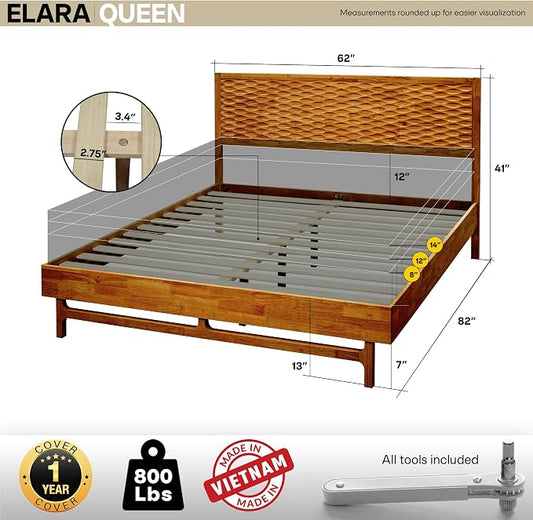 Acacia Elara Queen Platform Bed Frame – Mid-Century Modern Style, Carved Headboard, Solid Wood, Caramel Finish, No Box Spring, 800lbs Support, Easy Assembly with Tools Included