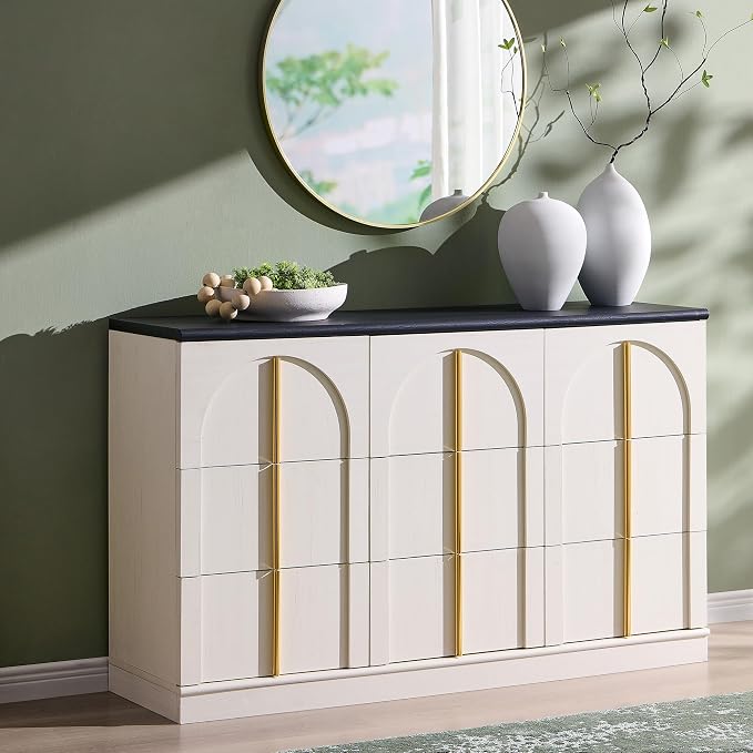 ACCOHOHO Arched Dresser for Bedroom with 9 Drawers, 52" Wide Modern Chest of Drawers with Rounded Edge & Metal Handles, Wood Storage Closet Dressers TV Stand for Living Room, Hallway, White