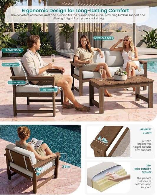 SERWALL 2 Pieces Single Cushioned Lounge Chair, HDPE Outdoor Adirondack Sofa Armchair with Cushion, Brown Frame/Khaki Cushion